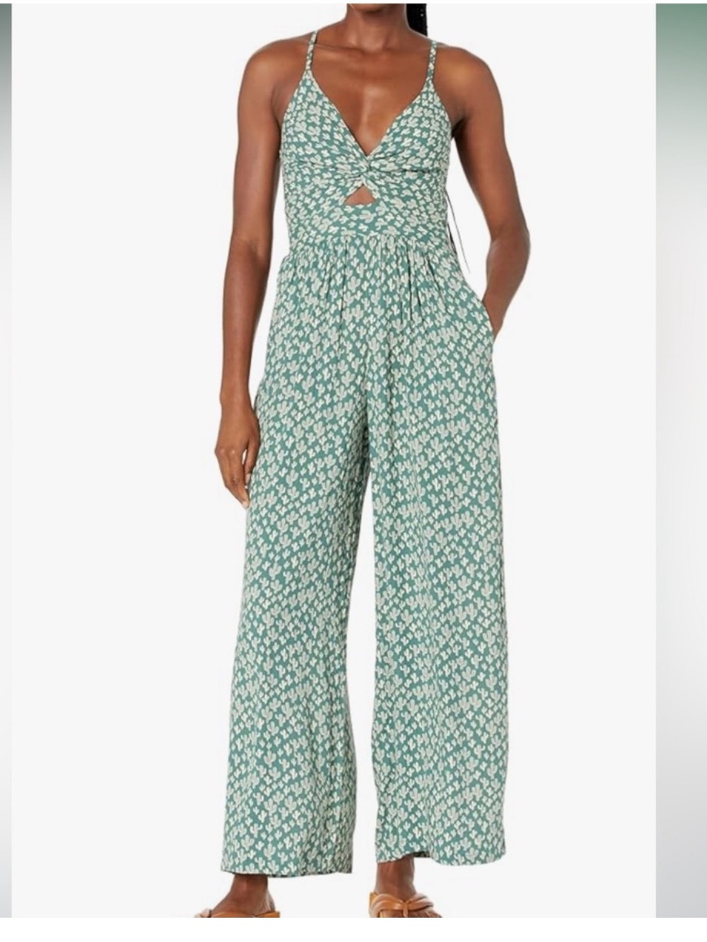 Angie Green Cactus Print jumpsuit Peep Hole Wide Leg size Medium